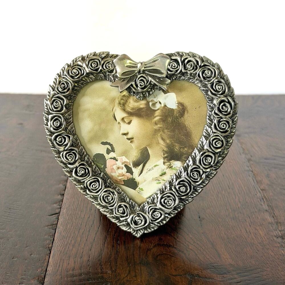 Vintage Mini Pewter Heart Shaped Picture Frame w/ Ornate Rose Edge & Bow Detail